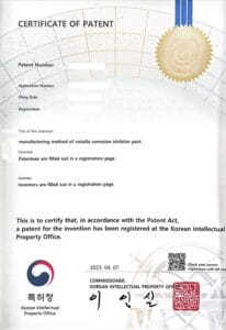 Certificate of Patent from Korean Intellectual Property Office granted to GreenVCI for manufacturing method of volatile corrosion inhibitor.