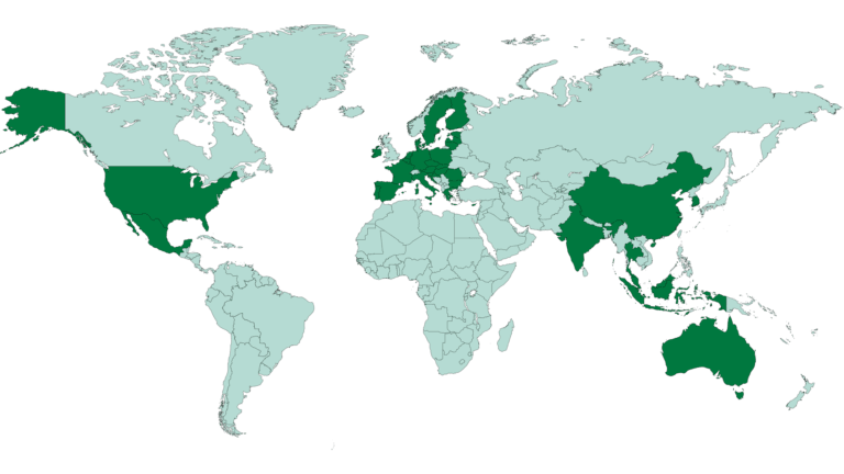 Map illustrating GreenVCI partners around the world in green.