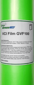 Picture of a green roll of VCI film with a label in the center outlining the product information and corrosion inhibiting properties.
