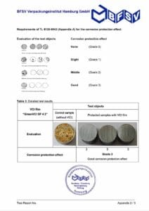 Test report by BSFV of VCI Film using the TL 8135-0043 method.