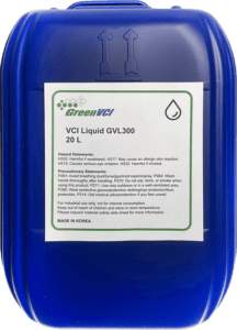 Blue 20L pale containing VCI liquid, a corrosion inhibitor for metal protection, preventing rust and corrosion.
