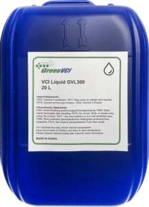 Blue 20L pale containing VCI liquid, a corrosion inhibitor for metal protection, preventing rust and corrosion.