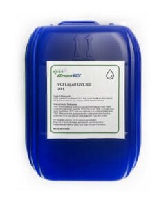 VCI Liquid of GVL300 in 20L blue drums used to coat Kraft paper in the manufacturing of corrosion inhibitor paper by GreenVCI.