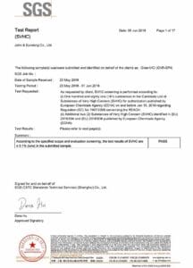 Test report by SGS of VCI Masterbatch assessing REACH SVHC compliance.