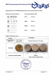 Test report by BSFV of VCI Paper using the TL 8135-0002 method.