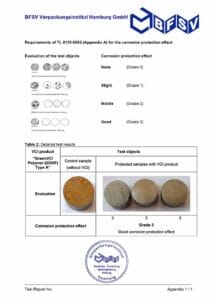 Test report by BSFV of VCI Polymer using the TL 8135-0002 method.