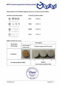 Test report by BSFV of VCI Powder using the TL 8135-0043 method.