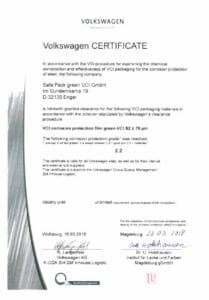 Volkswagen Certificate for VCI packaging.