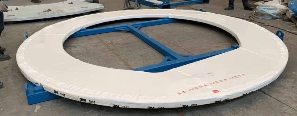 GreenVCI corrosion protection shrink film conforming to irregular shape and size, white heat-shrink VCI packaging with secure taping for heavy equipment transport and storage.